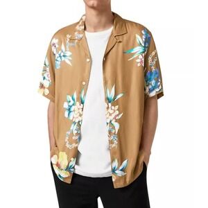 AllSaints Shirt Men Medium Brown Hana Short Sleeve Loop Camp Collar Viscose Fall